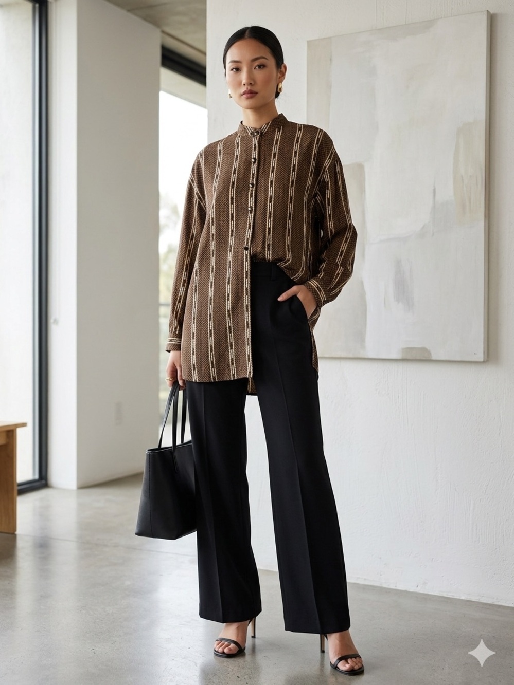 Silk Brown Striped Button-Front Blouse, Size XL